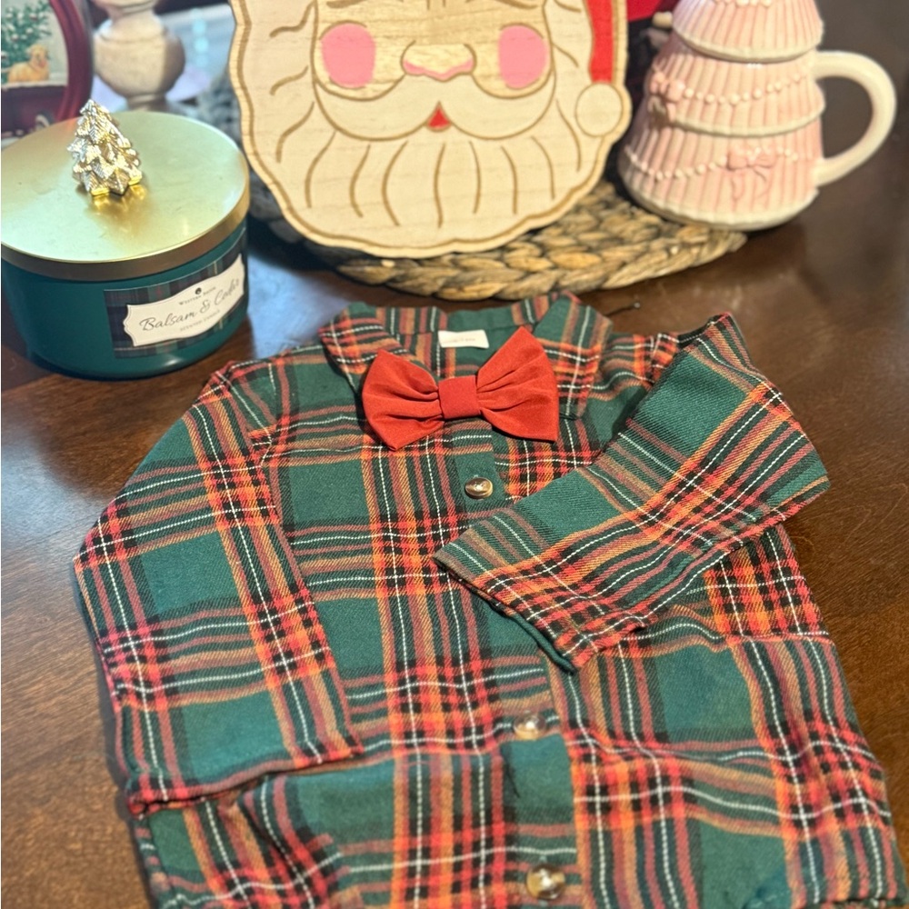 SHEIN Green Plaid Onesie with Red Bow Tie